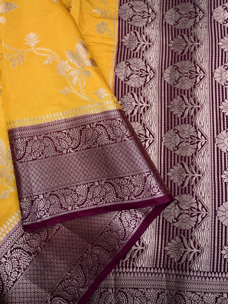 Dupion fancy saree mustard yellow color allover zari weaves & zari border with rich pallu contrast brocade blouse