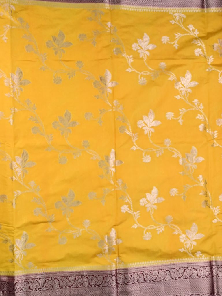 Dupion fancy saree mustard yellow color allover zari weaves & zari border with rich pallu contrast brocade blouse