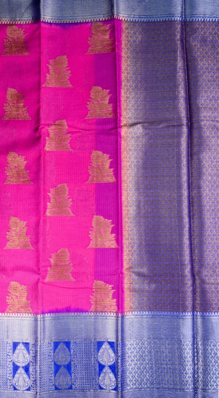 Silk kota saree dark pink and blue color with gold zari motives, big zari border, short pallu and brocade blouse