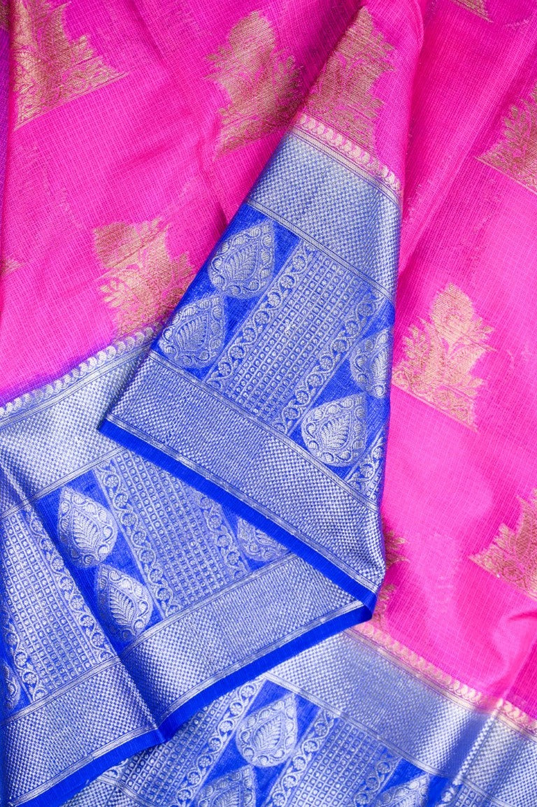 Silk kota saree dark pink and blue color with gold zari motives, big zari border, short pallu and brocade blouse