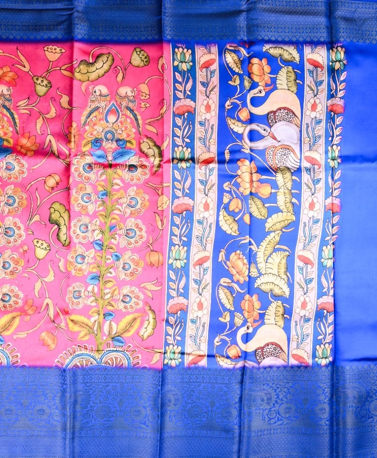 Chiniya silk saree red and blue color with allover digital kalamkari prints, short pallu, big zari border and printed blouse.