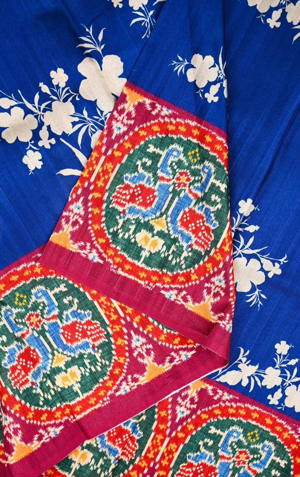 Tussar saree blue color with allover floral prints, big pallu, with printed border and blouse