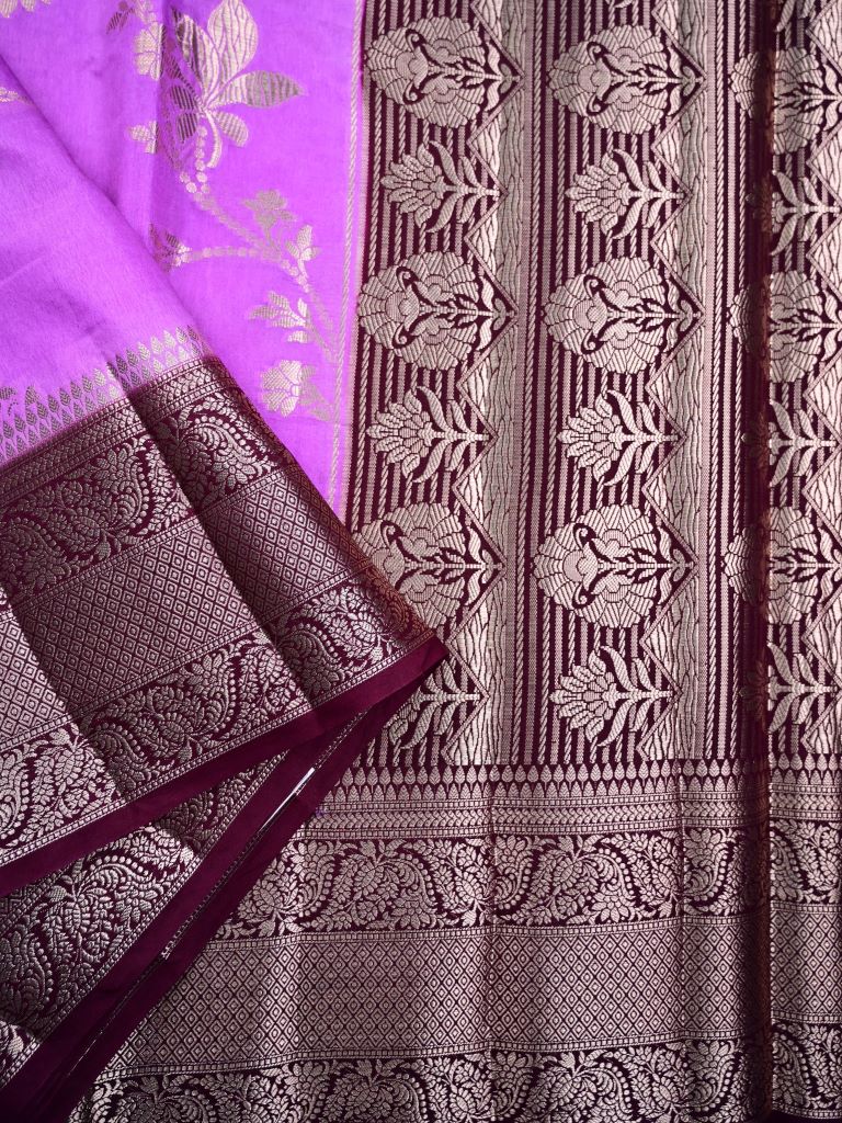 Dupion fancy saree light purple color allover zari weaves & zari border with rich pallu contrast brocade blouse