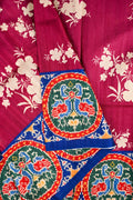 Tussar saree dark pinkish red color with allover floral prints, big pallu, with printed border and blouse