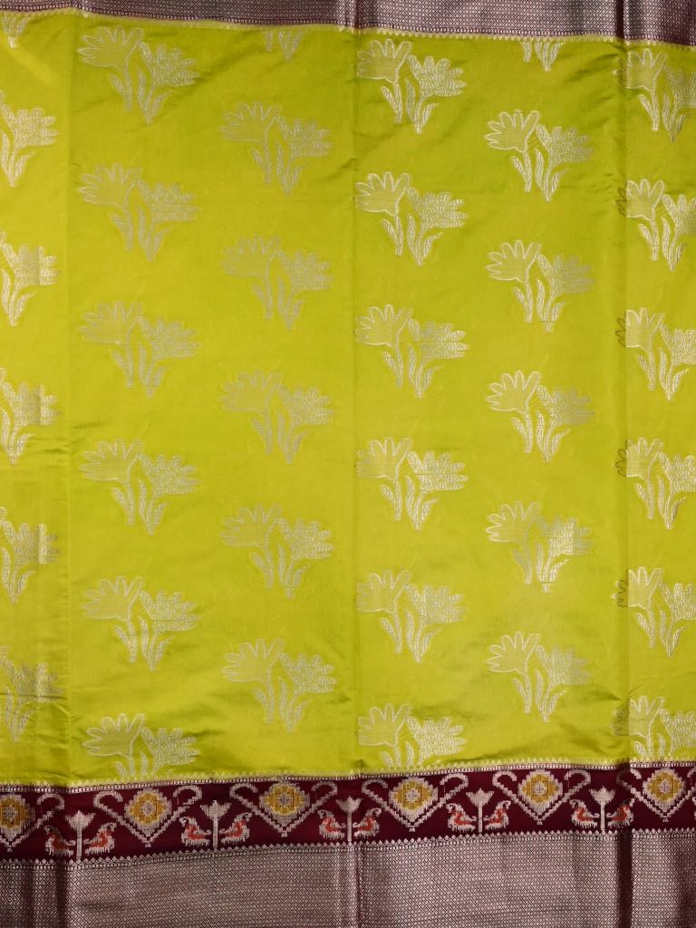 Dupion fancy saree mustard yellow color allover zari weaves & zari border with rich pallu contrast brocade blouse