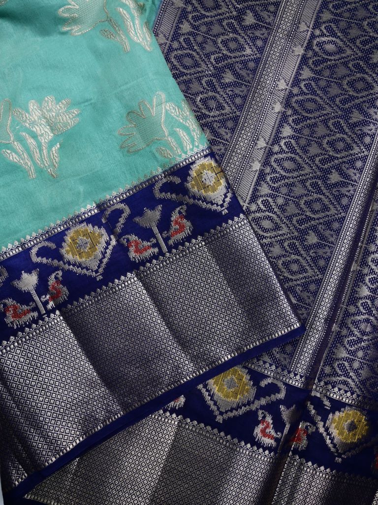 Dupion fancy saree rama blue color allover zari weaves & zari border with rich pallu contrast brocade blouse