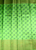 Chiniya silk saree blue and green color with allover digital kalamkari prints, short pallu, big zari border and plain blouse