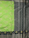 Dupion fancy saree light green color allover zari weaves & zari border with rich pallu contrast brocade blouse