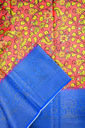 Chiniya silk saree red and blue color with allover digital kalamkari prints, short pallu, big zari border and printed blouse.