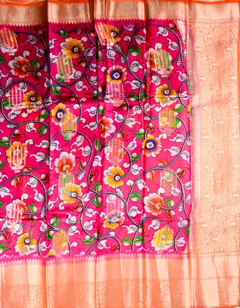 Matka jute saree pink and orange color with allover digital prints with antique zari motives, short pallu, zari border, and brocade blouse