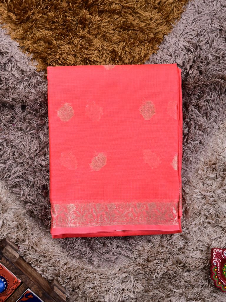 Pure jaipur kota fancy saree coral pink color allover zari motifs & zari border with short pallu and attached plain blouse