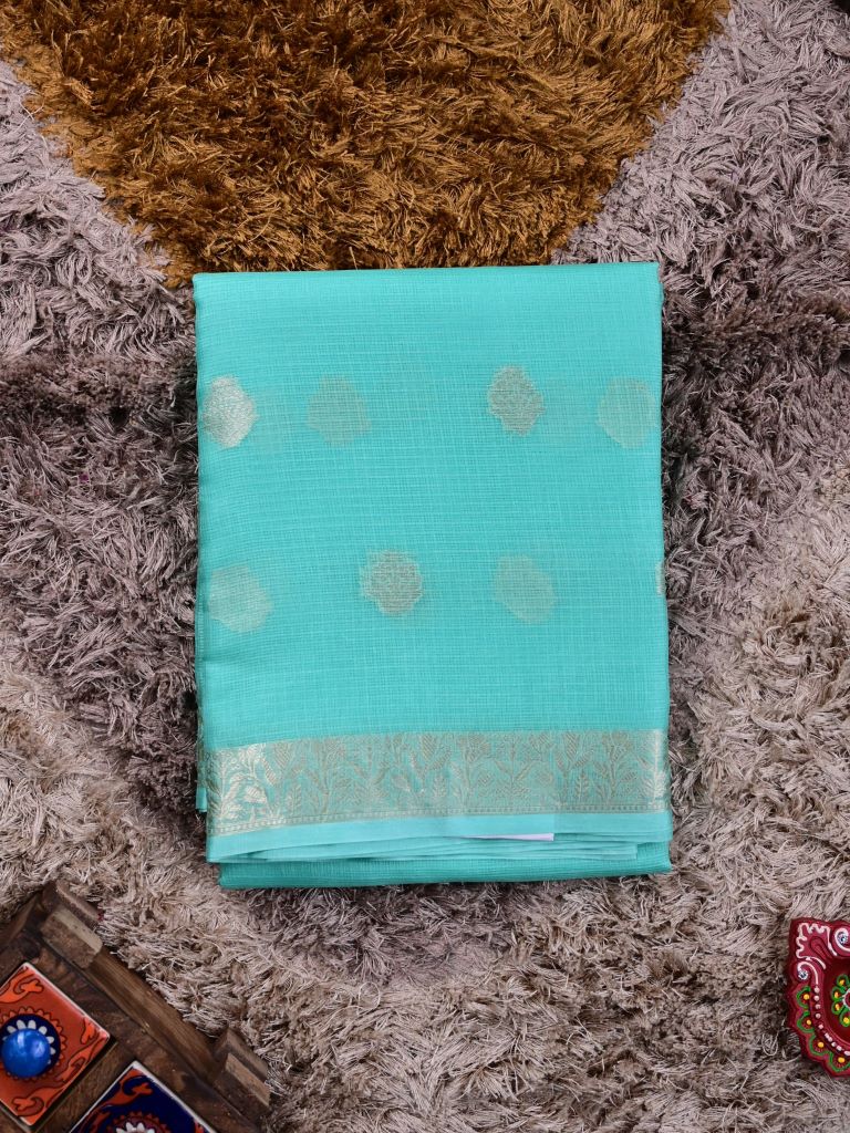 Pure jaipur kota fancy saree light blue color allover zari motifs & zari border with short pallu and attached plain blouse