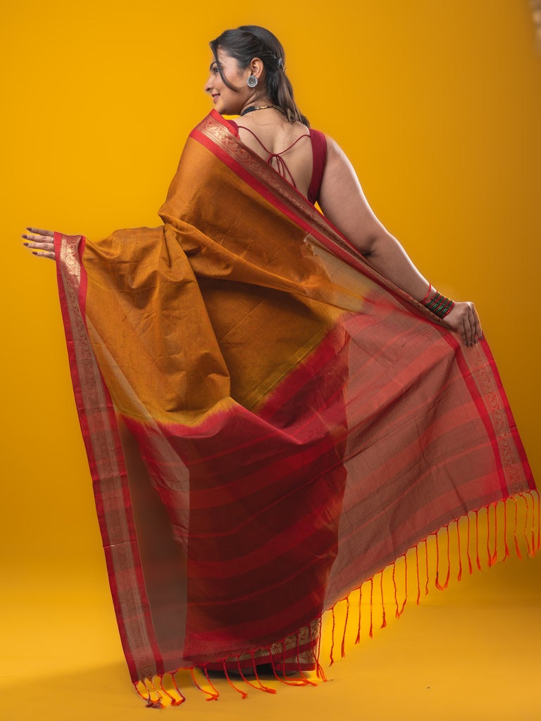 Dhaka cotton saree mustard yellow color allover plain & zari border with contrast plain pallu and plain blouse