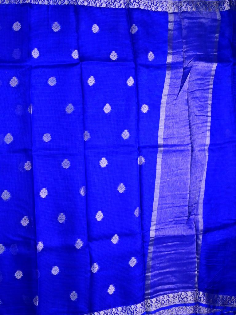 Pure jaipur kota fancy saree royal blue color allover zari motifs & zari border with short pallu and attached plain blouse