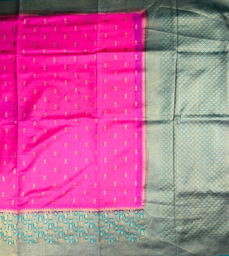 Jute silk saree dark pink and green color with allover zari motive weaves, big border, contrast pallu and plain blouse