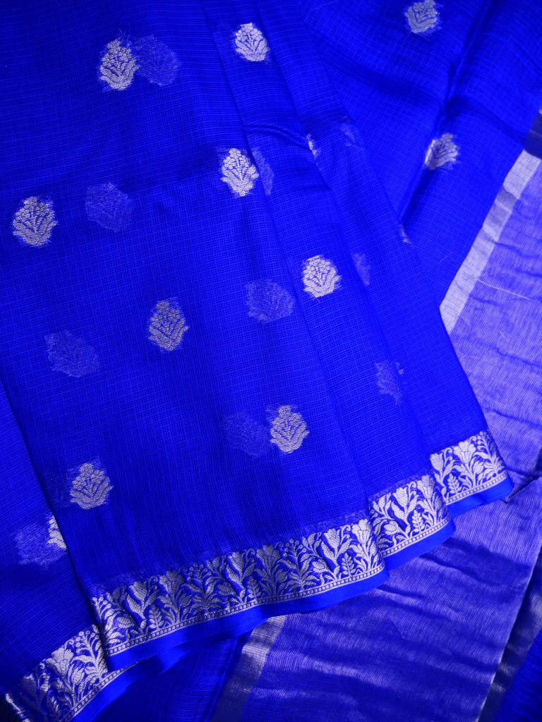 Pure jaipur kota fancy saree royal blue color allover zari motifs & zari border with short pallu and attached plain blouse