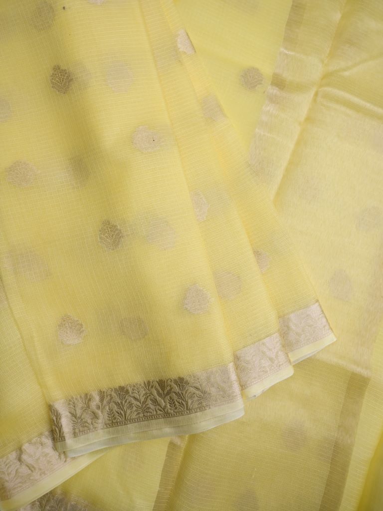 Pure jaipur kota fancy saree light yellow color allover zari motifs & zari border with short pallu and attached plain blouse