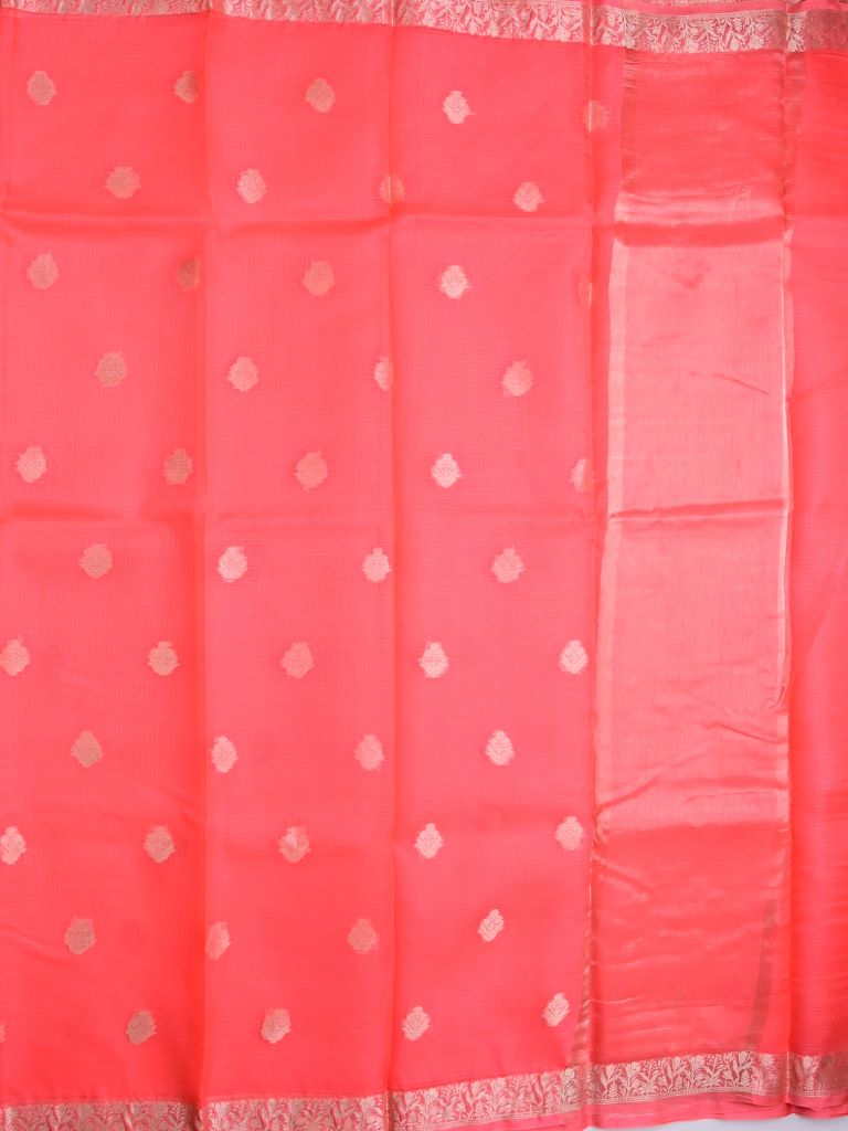 Pure jaipur kota fancy saree coral pink color allover zari motifs & zari border with short pallu and attached plain blouse