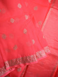 Pure jaipur kota fancy saree coral pink color allover zari motifs & zari border with short pallu and attached plain blouse