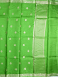 Pure jaipur kota fancy saree parrot green color allover zari motifs & zari border with short pallu and attached plain blouse