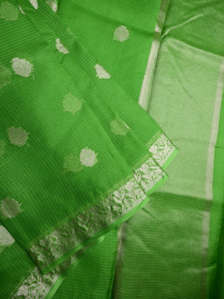 Pure jaipur kota fancy saree parrot green color allover zari motifs & zari border with short pallu and attached plain blouse