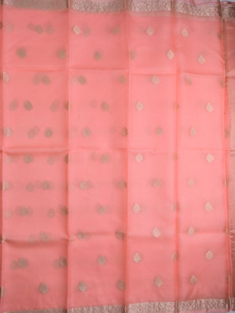 Pure jaipur kota fancy saree baby pink color allover zari motifs & zari border with short pallu and attached plain blouse