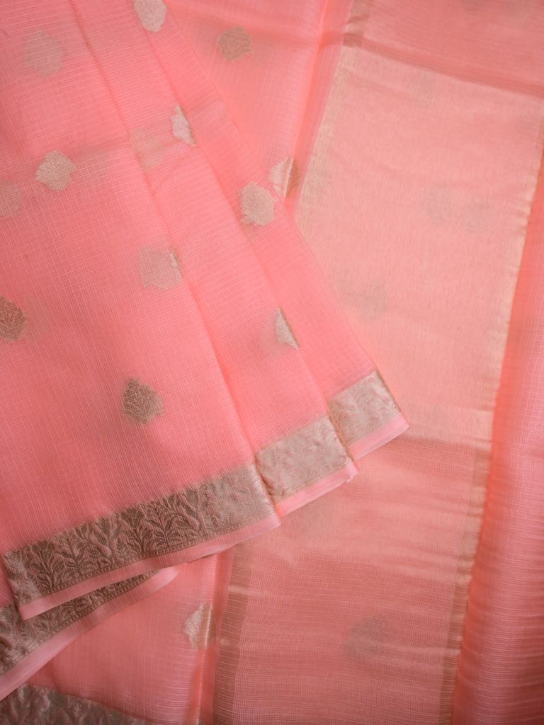 Pure jaipur kota fancy saree baby pink color allover zari motifs & zari border with short pallu and attached plain blouse