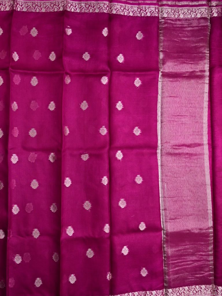 Pure jaipur kota fancy saree dark wine color allover zari motifs & zari border with short pallu and attached plain blouse