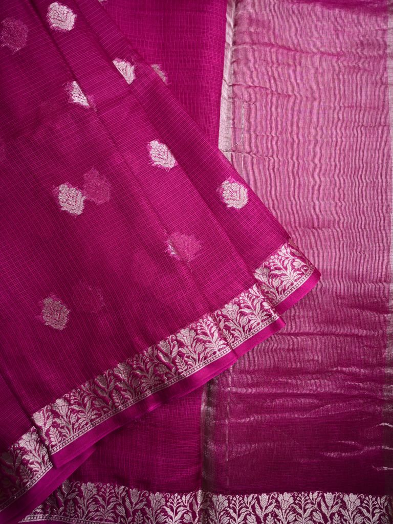 Pure jaipur kota fancy saree dark wine color allover zari motifs & zari border with short pallu and attached plain blouse