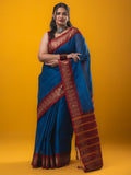 Dhaka cotton saree royal blue color allover plain & zari border with contrast plain pallu and plain blouse