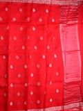 Pure jaipur kota fancy saree red color allover zari motifs & zari border with short pallu and attached plain blouse