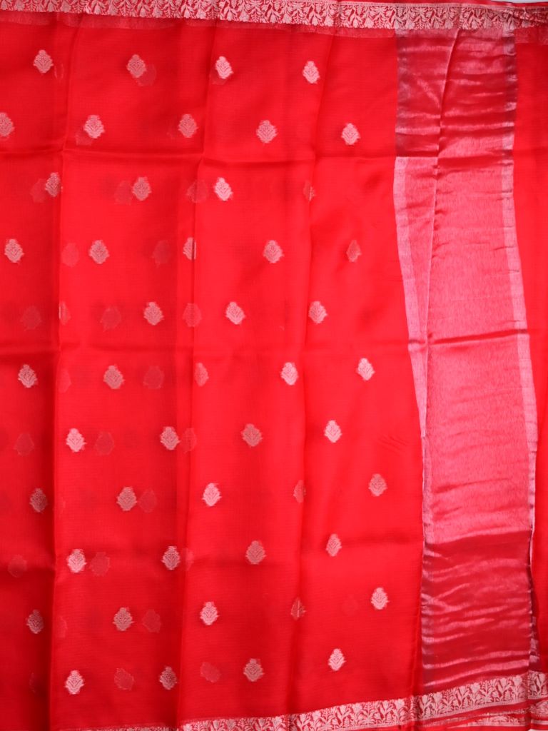 Pure jaipur kota fancy saree red color allover zari motifs & zari border with short pallu and attached plain blouse