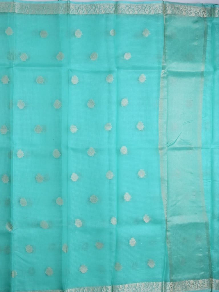 Pure jaipur kota fancy saree light blue color allover zari motifs & zari border with short pallu and attached plain blouse