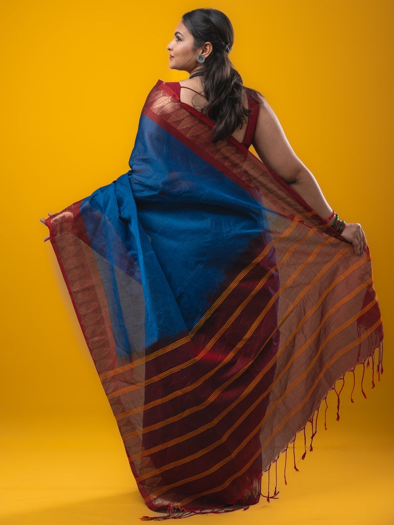 Dhaka cotton saree royal blue color allover plain & zari border with contrast plain pallu and plain blouse
