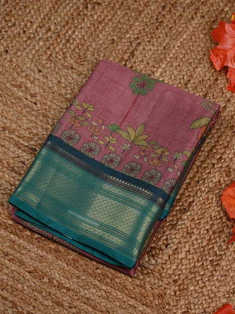 Tussar fancy saree rose pink color allover digital kalamkari prints and zari weaving border with printed pallu and plain blouse