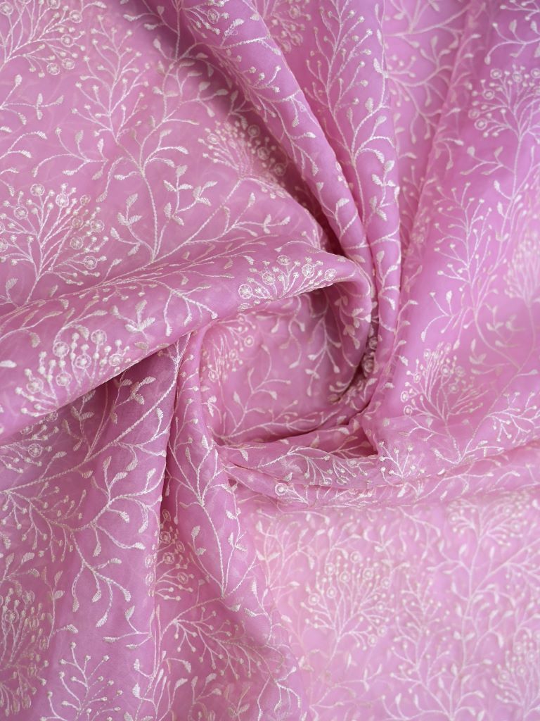 Organza fancy saree baby pink color allover weaving & embroidery border with running pallu and contrast chikankari blouse