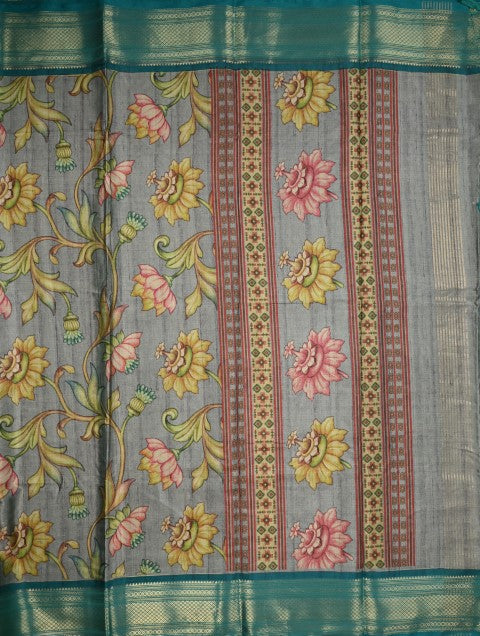 Tussar fancy saree grey color allover digital kalamkari prints and zari weaving border with printed pallu and plain blouse