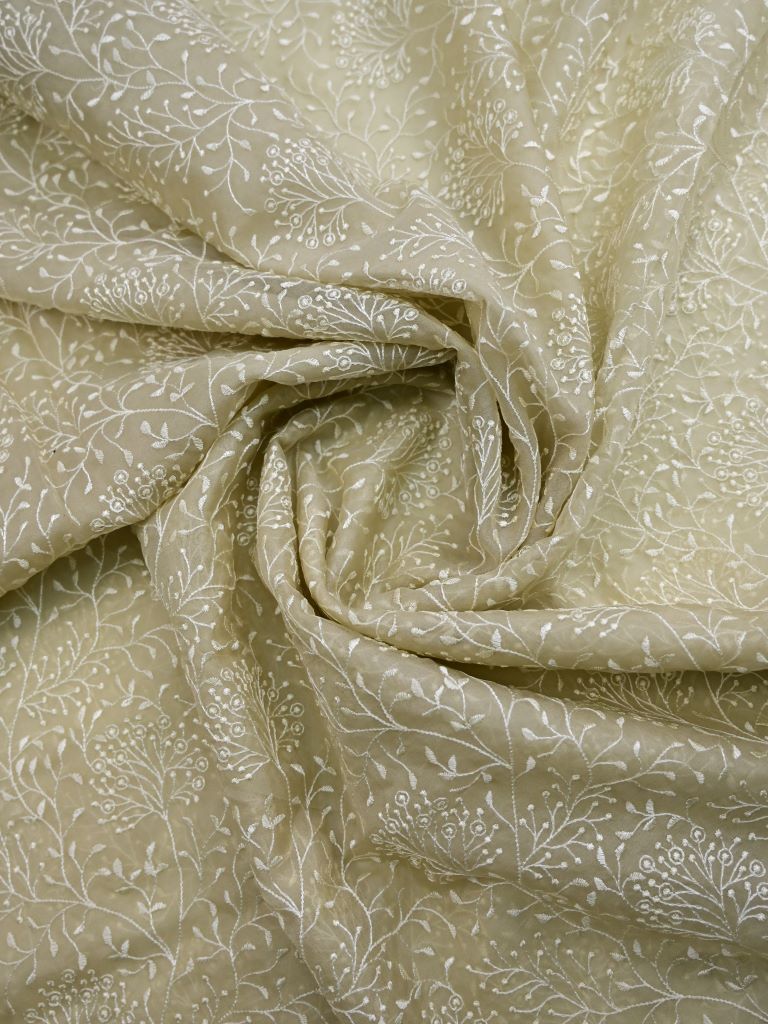 Organza fancy saree light cream color allover weaving & embroidery border with running pallu and contrast chikankari blouse