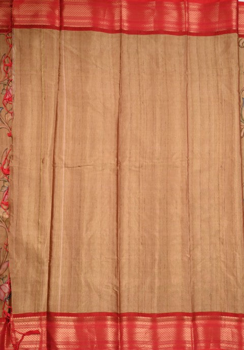 Tussar fancy saree beige color allover digital kalamkari prints and zari weaving border with printed pallu and plain blouse