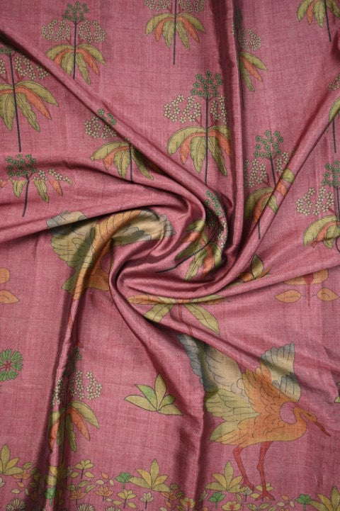 Tussar fancy saree rose pink color allover digital kalamkari prints and zari weaving border with printed pallu and plain blouse