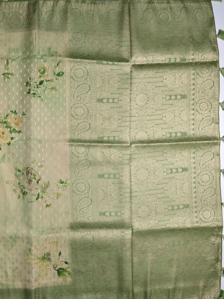 Tussar fancy saree light green color allover digital prints, zari motifs & zari border with rich pallu and contrast blouse