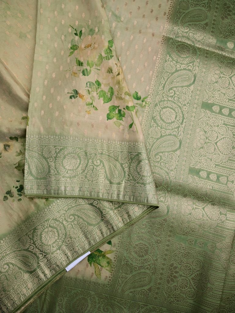 Tussar fancy saree light green color allover digital prints, zari motifs & zari border with rich pallu and contrast blouse