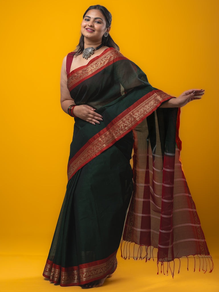 Dhaka cotton saree black color allover plain & zari border with contrast plain pallu and plain blouse