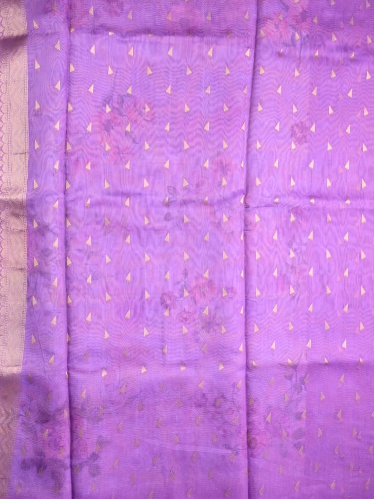 Chanderi fancy saree purple color allover digital prints, zari weaves & zari border with rich pallu and contrast blouse