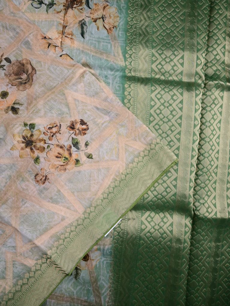 Chanderi fancy saree light green color allover digital prints, zari weaves & zari border with rich pallu and contrast blouse