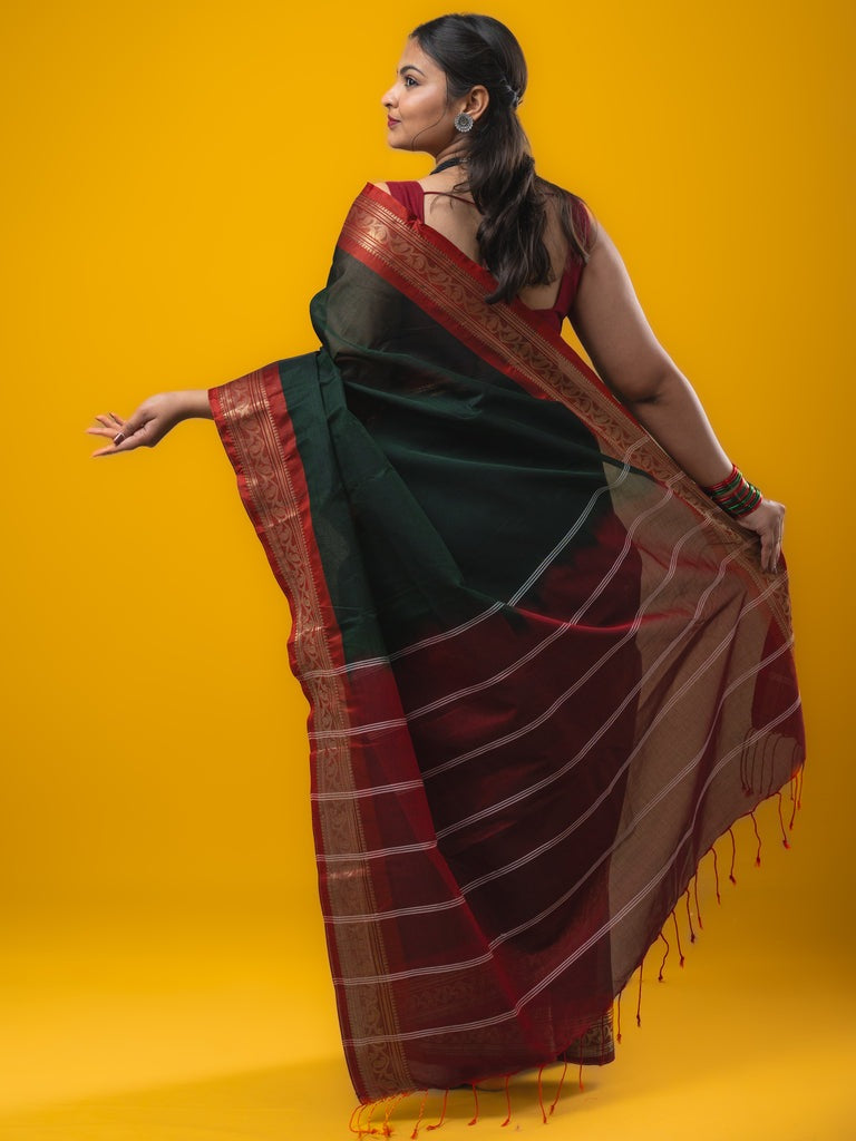 Dhaka cotton saree black color allover plain & zari border with contrast plain pallu and plain blouse