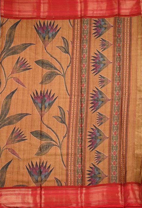 Tussar fancy saree golden yellow color allover digital kalamkari prints and zari weaving border with printed pallu and plain blouse