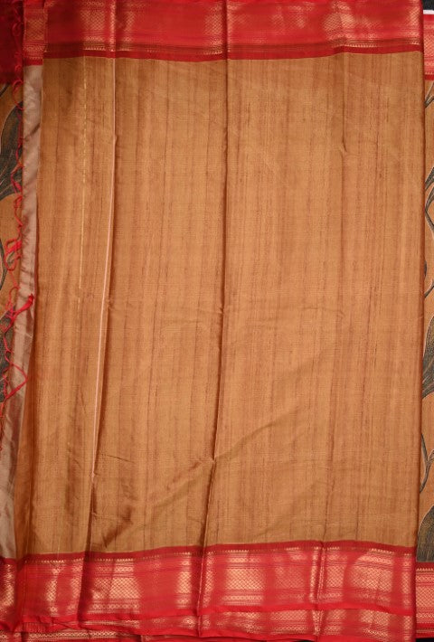 Tussar fancy saree golden yellow color allover digital kalamkari prints and zari weaving border with printed pallu and plain blouse