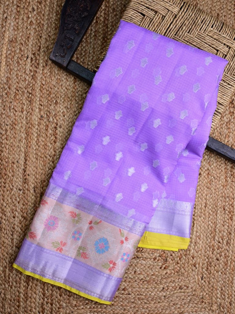 Silk kota fancy saree light lavender color allover zari butis & zari border with short pallu and contrast blouse