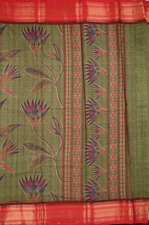 Tussar fancy saree olive green color allover digital kalamkari prints and zari weaving border with printed pallu and plain blouse